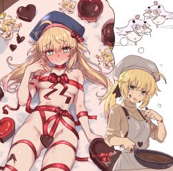 Rule 34 | 2girls, @ @, absurdres, ahoge, apron, artoria caster (fate), artoria caster (second ascension) (fate), artoria pendragon (fate), beret, blonde hair, blue headwear, blush, breasts, brown sweater, candy, chibi, chocolate, chocolate heart, collarbone, ebora, embarrassed, fate/grand order, fate (series), food, full-face blush, gluteal fold, green eyes, grey apron, grey headwear, hat, heart, highres, licking lips, long hair, long sleeves, looking at viewer, melusine (fate), multiple girls, naked ribbon, navel, red ribbon, ribbon, frying pan, small breasts, smile, sweat, sweater, thighs, thought bubble, tongue, tongue out, twintails, valentine