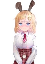 Rule 34 | absurdres, animal ears, beefu188, blonde hair, blue eyes, blush, breasts, embarrassed, fake animal ears, highres, hololive, hololive english, large breasts, necktie, rabbit ears, shirt, short hair, skirt, virtual youtuber, watson amelia, watson amelia (1st costume), white background