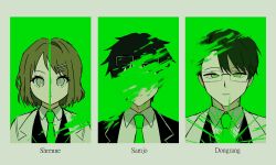 Rule 34 | 1girl, 2boys, bisected, black hair, black jacket, black vest, brown hair, character name, collared shirt, covered eyes, dongrang (project moon), english text, eyewear on head, formal, glasses, green eyes, green hair, grey eyes, hair ornament, hairclip, highres, jacket, k corp, lab coat, limbus company, mole, mole on neck, multiple boys, project moon, samjo (project moon), shirt, short hair, shrenne (project moon), spoilers, suit, suit jacket, vest, white shirt