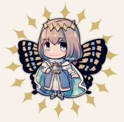 Rule 34 | 1boy, blush, brown hair, butterfly wings, cape, chibi, chibi only, closed mouth, dress shoes, fate/grand order, fate (series), full body, grey eyes, insect wings, juliet sleeves, kotorai, long sleeves, looking at viewer, male focus, oberon (fate), puffy sleeves, short hair, signature, simple background, smile, solo, wings