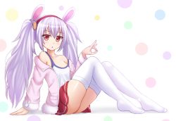 Rule 34 | 1girl, :o, animal ears, azur lane, bare shoulders, collarbone, commentary, hairband, highres, jacket, kazenokaze, laffey (azur lane), long hair, looking at viewer, no shoes, off shoulder, rabbit ears, red eyes, red skirt, silver hair, simple background, sitting, skirt, solo, strap slip, tank top, thighhighs, twintails, white thighhighs