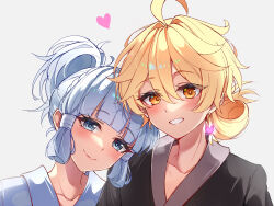 1boy 1girl :d aether_(genshin_impact) ahoge ayaka_(genshin_impact) blonde_hair blue_eyes blunt_bangs blush braid closed_mouth commentary couple earrings genshin_impact grin hair_rings heart hetero highres jewelry looking_at_viewer midori_(user_nsaz3272) open_mouth orange_eyes parted_lips ponytail short_hair sidelocks simple_background smile upper_body white_background