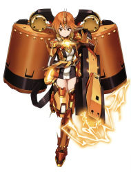 Rule 34 | 1girl, absurdres, armor, armored boots, boots, breasts, brown eyes, brown footwear, brown hair, dress, electricity, full body, highres, leg up, looking at viewer, medium breasts, original, photoshop (medium), saitou masatsugu, short dress, short hair, simple background, solo, standing, white background