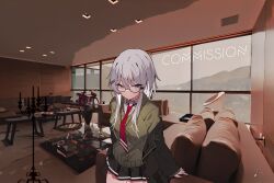 Rule 34 | 1girl, black jacket, black skirt, cardigan, closed mouth, collared shirt, commission, cowboy shot, glasses, green cardigan, grey eyes, grey hair, hair ornament, hairclip, highres, indie virtual youtuber, indoors, jacket, kusukage myxa, looking at viewer, miniskirt, necktie, open clothes, open jacket, pleated skirt, red necktie, school uniform, shirt, sidelocks, skeb commission, skirt, solo, soukou makura, virtual youtuber, white shirt