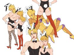 Rule 34 | 2boys, absurdres, adjusting clothes, animal ears, ass, ass grab, black leotard, blonde hair, boots, braid, detached collar, dio brando, father and son, fishnet thighhighs, fishnets, full body, giorno giovanna, gold experience, green eyes, high heels, highres, honlo, jewelry, jojo no kimyou na bouken, leotard, lipstick, long hair, looking at another, makeup, male focus, male playboy bunny, multiple boys, muscular, muscular male, pectorals, rabbit ears, rabbit tail, red eyes, red footwear, red lips, red nails, simple background, stand (jojo), strapless, strapless leotard, tail, thigh boots, thighhighs, thighs, vento aureo, white background, wrist cuffs, zipper