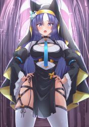 Rule 34 | 1girl, alternate costume, animal ears, blue archive, blue necktie, blush, church, cosplay, embarrassed, habit, halo, hand on own hip, hands on own hips, highres, hinata (blue archive), hinata (blue archive) (cosplay), kagin (kagou shita nanika), looking at viewer, mari (blue archive), mari (blue archive) (cosplay), mixed cosplay, necktie, nun, solo, thighhighs, yuuka (blue archive)