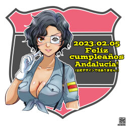 Rule 34 | 1girl, andalucia (girls und panzer), aoshidan school uniform, artist logo, birthday, black hair, blue shirt, breasts, brown eyes, cleavage, commentary, cropped arms, cropped torso, dark-skinned female, dark skin, dated, emblem, eyepatch, front-tie top, girls und panzer, gloves, happy birthday, index finger raised, large breasts, looking at viewer, nishi itsumi, open mouth, outline, partially unbuttoned, school uniform, shirt, short hair, short sleeves, smile, solo, spanish flag, spanish text, suspenders, translated, wavy hair, white gloves, white outline