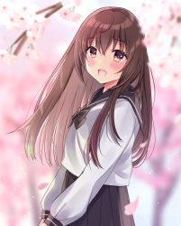 Rule 34 | 1girl, :d, bad id, bad pixiv id, black bow, black sailor collar, black skirt, blurry, blurry background, blush, bow, branch, brown eyes, brown hair, cherry blossoms, commentary request, depth of field, flower, hair between eyes, highres, long hair, long sleeves, looking at viewer, looking to the side, minami saki, open mouth, original, own hands together, pink flower, pleated skirt, puffy long sleeves, puffy sleeves, sailor collar, school uniform, serafuku, shirt, skirt, smile, solo, v arms, very long hair, white shirt