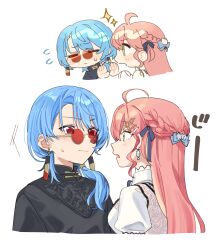 Rule 34 | 2girls, ahoge, black shirt, blue hair, blue ribbon, blush, blush stickers, braid, breasts, chibi, chinese clothes, closed eyes, closed mouth, commentary, dress, embarrassed, face-to-face, flying sweatdrops, french braid, glasses, green eyes, hair ornament, hair over shoulder, hair ribbon, hairclip, hanafuda earrings, highres, hololive, hoshimachi suisei, hoshimachi suisei (8th costume), hoshimachi suisei (oriental suit), light blue hair, long hair, looking at another, looking over eyewear, mandarin collar, medium breasts, medium hair, multiple girls, multiple views, official alternate costume, official alternate eye color, open hands, open mouth, pince-nez, pink hair, ponytail, red-tinted eyewear, red eyes, ribbon, round eyewear, sakura miko, sakura miko (street), semi-rimless eyewear, shippo03271, shirt, simple background, small breasts, sparkle, sweatdrop, tinted eyewear, upper body, virtual youtuber, white background, white dress, yuri