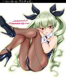 Rule 34 | 1girl, absurdres, alternate breast size, alternate costume, anchovy (girls und panzer), animal ears, ass, bare shoulders, black leotard, blush, breasts, cleavage, covered navel, crossed legs, curvy, dated, detached collar, drill hair, fake animal ears, fake tail, girls und panzer, green hair, hair ribbon, highleg, highleg leotard, highres, large breasts, leotard, lips, long hair, looking at viewer, pantyhose, playboy bunny, rabbit ears, rabbit tail, ribbon, shiny clothes, shiny skin, smile, solo, strapless, strapless leotard, tail, tomokoji, translation request, twin drills, twintails, very long hair