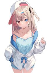 Rule 34 | 1girl, bare shoulders, baseball cap, black bow, blue camisole, blue eyes, blue nails, blue shorts, bow, breasts, brown hair, camisole, collarbone, commentary, hair bow, hair ornament, hairclip, hand up, hat, heterochromia, highres, hitsukuya, jacket, long hair, long sleeves, multicolored hair, nail polish, off shoulder, one side up, original, puffy long sleeves, puffy sleeves, red eyes, red hair, short shorts, shorts, sideways hat, simple background, sleeves past fingers, sleeves past wrists, small breasts, solo, standing, strap slip, streaked hair, symbol-only commentary, white background, white hat, white jacket