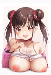 Rule 34 | 1girl, bare shoulders, belt, breast rest, breasts, breasts out, brown eyes, brown hair, chain, chain necklace, choker, cleavage, clothes lift, detached sleeves, double bun, hair belt, hair bun, hair ribbon, highres, idolmaster, idolmaster shiny colors, jewelry, large breasts, locket, looking at viewer, necklace, nipples, no bra, open mouth, pendant, pink sleeves, red belt, red choker, red ribbon, ribbon, shachoo., shirt lift, simple background, smile, solo, sonoda chiyoko, twintails, upper body, white background