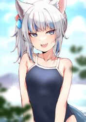 Rule 34 | 1girl, animal ears, blue eyes, blue hair, blue one-piece swimsuit, blunt bangs, cat ears, cube hair ornament, fins, fish tail, gawr gura, grey hair, hair ornament, half-closed eyes, highres, hololive, hololive english, long hair, looking at viewer, medium hair, multicolored hair, one-piece swimsuit, shark girl, shark tail, sharp teeth, side ponytail, sidelocks, solo, streaked hair, swimsuit, tail, teeth, valefal coneri, virtual youtuber