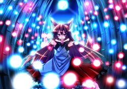 Rule 34 | 1girl, amiru9, animal ears, bamboo, bamboo forest, bare shoulders, brooch, brown hair, crossed arms, danmaku, dress, fingernails, forest, full moon, imaizumi kagerou, jewelry, karasuma amiru, layered dress, long fingernails, long hair, long sleeves, looking at viewer, moon, nature, night, open mouth, outdoors, red eyes, sharp fingernails, solo, tail, touhou, very long hair, wolf ears, wolf tail