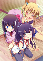 Rule 34 | 3girls, :q, all fours, between legs, black hair, blonde hair, blue eyes, blunt bangs, bridal gauntlets, cover image, cutoffs, denim, denim shorts, flat chest, floral print, hair bobbles, hair ornament, hand between legs, japanese clothes, jewelry, kimono, long hair, multiple girls, naughty face, neck ring, ponytail, red eyes, ribbon, short shorts, shorts, sitting, tanabe kyou, tatami, thighhighs, tongue, tongue out, two side up, wariza, wooden floor, yellow eyes, zettai ryouiki