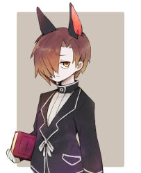Rule 34 | 1boy, animal ears, black jacket, book, brown hair, closed mouth, commentary request, dog ears, frown, gloves, hair over one eye, harvest fes, holding, holding book, jacket, librarian (project moon), library of ruina, long sleeves, male focus, pale skin, project moon, sanpaku, shirt, short hair, solo, upper body, white gloves, white shirt, yellow eyes