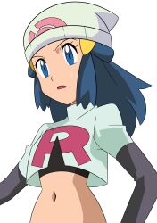 Rule 34 | 1girl, beanie, blue eyes, commentary request, cosplay, creatures (company), cropped jacket, dawn (pokemon), elbow gloves, eyelashes, game freak, gloves, hainchu, hair ornament, hairclip, hat, highres, jacket, jessie (pokemon), jessie (pokemon) (cosplay), logo, long hair, looking down, navel, nintendo, open mouth, pokemon, pokemon (anime), pokemon dppt (anime), shirt, sidelocks, simple background, solo, sweatdrop, team rocket, team rocket uniform, upper body, white background