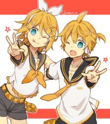 Rule 34 | 1boy, 1girl, :p, bare shoulders, bass clef, belt, black collar, black shorts, blonde hair, blue eyes, bow, brother and sister, collar, commentary, cowboy shot, crop top, detached sleeves, hair bow, hair ornament, hairclip, kagamine len, kagamine rin, leaning forward, looking at viewer, neckerchief, necktie, one eye closed, outstretched hand, sailor collar, school uniform, shirt, short hair, short ponytail, short shorts, short sleeves, shorts, siblings, sleeveless, sleeveless shirt, smile, spiked hair, standing, star (symbol), swept bangs, tongue, tongue out, treble clef, twins, twitter username, utaori, vocaloid, w, white bow, white shirt, yellow neckerchief