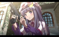 Rule 34 | 007, 1girl, anime coloring, bad id, blush, capelet, crescent, day, female focus, gun, handgun, hat, james bond, letterboxed, long hair, outdoors, patchouli knowledge, pistol, purple eyes, purple hair, smile, solo, tomon (slash0410), touhou, upper body, very long hair, walther, walther p99, weapon, window