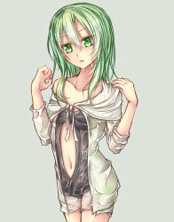 Rule 34 | 1girl, blush, breasts, caam serenity of gusto, calm, silent gusta, duel monster, green eyes, green hair, highres, matching hair/eyes, navel, ponytail, shintani tsushiya, short hair, simple background, solo, wet, wet clothes, yu-gi-oh!, yu-gi-oh! duel monsters, yuu-gi-ou
