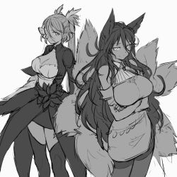Rule 34 | 2girls, animal ears, breasts, character request, cleavage, cloud kingdom, crossed arms, fox ears, fox tail, greyscale, large breasts, long hair, monochrome, multiple girls, multiple tails, pantyhose, pas (paxiti), showgirl skirt, sketch, tail, thank you, thighhighs