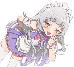 Rule 34 | 1girl, apron, blunt bangs, blush, detached sleeves, dress, fang, grey hair, highres, hololive, long hair, looking at viewer, maid headdress, murasaki shion, murasaki shion (magical girl maid), official alternate costume, open mouth, pink nails, purple dress, simple background, skin fang, skindentation, smile, solo, thighhighs, vinhnyu, virtual youtuber, waist apron, waitress, white apron, white background, white thighhighs, wrist cuffs, yellow eyes, zettai ryouiki