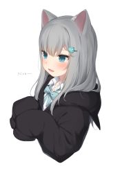 Rule 34 | 1girl, :d, amashiro natsuki, animal ears, animal hood, bad id, bad twitter id, black jacket, blue bow, blue eyes, bow, cat ears, cat hood, collared shirt, commentary, cropped torso, dress shirt, fake animal ears, fang, grey hair, hair ornament, hairclip, hands up, highres, hood, hood down, hooded jacket, jacket, long hair, long sleeves, looking away, nachoneko, open mouth, original, romaji text, shirt, simple background, sleeves past fingers, sleeves past wrists, smile, solo, upper body, white background, white shirt