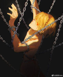 Rule 34 | 1boy, absurdres, androgynous, black background, blonde hair, bound, chain, earrings, from above, hands up, highres, hunter x hunter, jewelry, kurapika, looking at viewer, looking back, male focus, meitian chi yi jin youmaicai, nude, red eyes, restrained, shadow, short hair, simple background, solo, weibo watermark