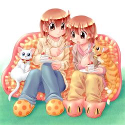 Rule 34 | 2girls, cake, cat, feeding, food, frilled pillow, frills, fruit, multiple girls, original, pastry, pillow, plate, siblings, sisters, slippers, strawberry, sweater, zan
