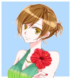 Rule 34 | 1girl, breasts, brown hair, cleavage, collarbone, flower, head tilt, hibiscus, jewelry, medium breasts, meiko (vocaloid), nail polish, necklace, red flower, red nails, short hair, short ponytail, smile, solo, sorano namida, upper body, vocaloid, yellow eyes