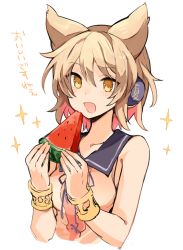 Rule 34 | 1girl, blonde hair, blush, earmuffs, food, fruit, hair between eyes, holding, open mouth, pointy hair, short hair, simple background, sleeveless, solo, sparkle, tori (10ri), touhou, toyosatomimi no miko, translation request, upper body, watermelon, white background, yellow eyes