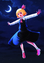 Rule 34 | 1girl, :d, absurdres, blonde hair, crescent moon, floating, hair ribbon, highres, luke (kyeftss), moon, night, night sky, open mouth, outstretched arms, red eyes, ribbon, rumia, shirt, short hair, skirt, sky, smile, solo, spread arms, star (sky), starry sky, touhou, vest