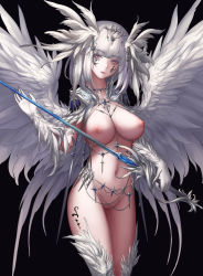 Rule 34 | 1girl, absurdres, angel, angel wings, bad id, bad pixiv id, breasts, functionally nude, grey eyes, hair ornament, highres, hmo11796521, jewelry, knight, looking at viewer, navel, nipples, original, pussy, revealing clothes, slit pupils, solo, sword, tattoo, uncensored, weapon, white hair, wings