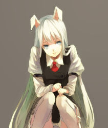 Rule 34 | 1girl, adapted costume, alternate color, alternate eye color, animal ears, bad id, bad pixiv id, blue eyes, buttons, female focus, fingernails, lips, long hair, long sleeves, necktie, rabbit ears, red necktie, reisen udongein inaba, simple background, sitting, smile, solo, thighhighs, touhou, white hair, white thighhighs, yasumo (kuusouorbital), zettai ryouiki