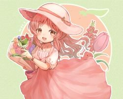 Rule 34 | 1girl, bird, bird on hand, bouquet, brown eyes, brown hair, dress, flower, hat, holding, holding bouquet, kantai collection, long hair, official alternate costume, orange flower, pink dress, pink flower, pink hat, purple flower, purple tulip, red flower, short sleeves, solo, thick eyebrows, tulip, wavy hair, wss (nicoseiga19993411), yashiro (kancolle), yellow flower