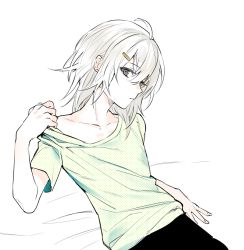 Rule 34 | 1boy, ahoge, androgynous, bad id, bad twitter id, clothes pull, erubo, green shirt, hair ornament, hairclip, looking at viewer, male focus, original, shirt, shirt pull, short hair, simple background, solo, white hair