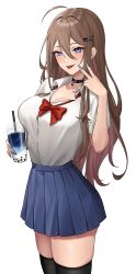 Rule 34 | 1girl, :p, ahoge, black choker, black thighhighs, blue nails, blue skirt, bow, breasts, brown hair, bubble tea, choker, commentary request, crescent, cup, drinking straw, ear piercing, expulse, fingernails, hair between eyes, hair intakes, hair ornament, hairclip, highres, large breasts, long fingernails, long hair, looking at viewer, nail polish, nana (kurisustinah), original, piercing, purple eyes, red bow, red neckwear, school uniform, shirt, skirt, solo, thighhighs, thighs, tongue, tongue out, v, white background, white shirt, zettai ryouiki