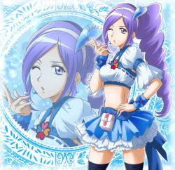 Rule 34 | 1girl, ;d, aono miki, blowing kiss, blue dress, blue thighhighs, breasts, covered erect nipples, crop top, cure berry, dress, earrings, fresh precure!, hair ornament, hairband, hand on own hip, hanzou, heart, heart hair ornament, highres, jewelry, layered dress, long hair, looking at viewer, medium breasts, miniskirt, multicolored clothes, multicolored dress, one eye closed, open mouth, precure, purple eyes, purple hair, redrawn, shrug (clothing), side ponytail, skirt, smile, solo, thighhighs, very long hair, white dress, white hairband, zettai ryouiki, zoom layer