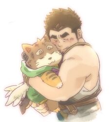 Rule 34 | 2boys, bara, bare arms, bruise, character request, crave saga, cropped torso, crying, facial hair, from side, garou-zuki, goatee, highres, hug, injury, long sideburns, male focus, multiple boys, muscular, muscular male, protagonist (crave saga), short hair, sideburns, thick eyebrows