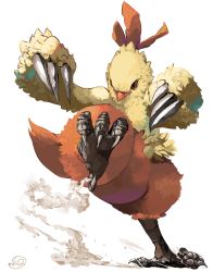 Rule 34 | beak, claws, combusken, commentary request, creatures (company), dust cloud, fighting stance, full body, game freak, gen 3 pokemon, highres, leg up, nintendo, no humans, pokemon, pokemon (creature), signature, simple background, solo, standing, standing on one leg, white background, yunimaru