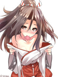 Rule 34 | 1girl, bare shoulders, brown eyes, commentary request, condom, condom wrapper, grey hair, hachimaki, hakama, hakama pants, hakama shorts, headband, high ponytail, highres, japanese clothes, kantai collection, long hair, looking at viewer, mouth hold, one-hour drawing challenge, pants, ponytail, sabotaged condom, shorts, simple background, solo, takase muh, undressing, upper body, white background, zuihou (kancolle)