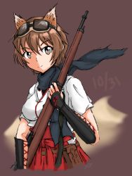Rule 34 | arisaka, bolt action, brown eyes, brown hair, dated, endlessgr8, goggles, goggles on head, gun, hakama, hakama short skirt, hakama skirt, highres, japanese clothes, katou keiko, looking at viewer, rifle, scarf, short hair, simple background, skirt, smile, solo, weapon, world witches series