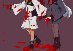 Rule 34 | 2girls, asticassia school uniform, black footwear, blood, blood on clothes, blood splatter, boots, gundam, gundam suisei no majo, head out of frame, high heel boots, high heels, highres, holding hands, jacket, long hair, long sleeves, miorine rembran, multiple girls, natsuki (salt78pepp), pantyhose, pointing, red hair, school uniform, shorts, spoilers, standing, suletta mercury, white hair, white jacket, white shorts, wide sleeves