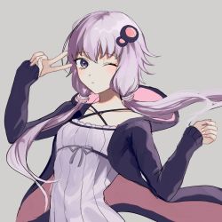 Rule 34 | 1girl, bad id, bad pixiv id, blush, closed mouth, dress, fingernails, grey background, hair ornament, hand up, highres, long hair, long sleeves, looking at viewer, low twintails, nail polish, one eye closed, p2 (uxjzz), pink nails, purple dress, purple eyes, purple hair, simple background, solo, twintails, upper body, v, vocaloid, voiceroid, yuzuki yukari
