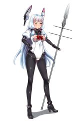 Rule 34 | 10s, 1girl, black pantyhose, blue hair, blush, bodysuit, bodysuit under clothes, breasts, brown eyes, covered navel, front-seamed legwear, full body, headgear, hiememiko, high heels, highres, holding, holding weapon, kantai collection, long hair, medium breasts, murakumo (kancolle), nipples, pantyhose, polearm, sailor collar, seamed legwear, sidelocks, simple background, solo, sweatdrop, wavy mouth, weapon, white background