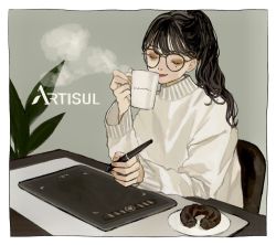 Rule 34 | 1girl, artisul, black-framed eyewear, black hair, blush, border, closed eyes, coffee, coffee mug, commentary request, company name, cup, darico, doughnut, drawing tablet, eyeshadow, fingernails, food, glasses, grey background, hand up, highres, holding, holding cup, long hair, long sleeves, makeup, mascara, mole, mole under eye, mug, nail polish, nostrils, orange eyeshadow, orange lips, orange nails, original, plant, plate, ponytail, red lips, shirt, signature, sitting, solo, steam, stylus, sweater, table, turtleneck, turtleneck sweater, white border, white shirt, yellow eyeshadow