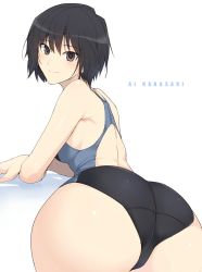 Rule 34 | 1girl, amagami, arm support, ass, back cutout, bare shoulders, bent over, black hair, blush, breasts, brown eyes, character name, closed mouth, clothing cutout, competition swimsuit, from behind, halcon, highres, looking at viewer, looking back, nanasaki ai, one-piece swimsuit, short hair, sideboob, simple background, small breasts, smile, solo, swimsuit, two-tone swimsuit, unfinished, white background