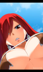 Rule 34 | 1girl, breasts, brown eyes, colorized, erza scarlet, fairy tail, female focus, gaston18, highres, large breasts, long hair, mashima hiro, red hair, solo, underboob