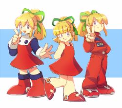 Rule 34 | 1girl, :d, blonde hair, blue background, blue eyes, bow, dress, green bow, green ribbon, hair bow, index finger raised, long sleeves, looking at viewer, mega man (classic), mega man (series), multicolored hair, multiple views, one eye closed, open mouth, pants, poroi (poro586), red dress, red footwear, red pants, ribbon, roll (mega man), simple background, sleeveless, sleeveless dress, smile, two-tone hair, v, white background