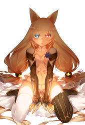 Rule 34 | 1girl, absurdly long hair, absurdres, animal ears, asymmetrical legwear, black footwear, blonde hair, blue eyes, boots, cat ears, commentary request, detached collar, flower, full body, g41 (girls&#039; frontline), girls&#039; frontline, gloves, heterochromia, highres, horz, long hair, looking at viewer, low-tied long hair, mismatched legwear, navel, panties, partial commentary, red eyes, shirt, sitting, solo, thigh boots, thighhighs, twintails, underwear, very long hair, wariza, white background, white panties, white shirt, white thighhighs